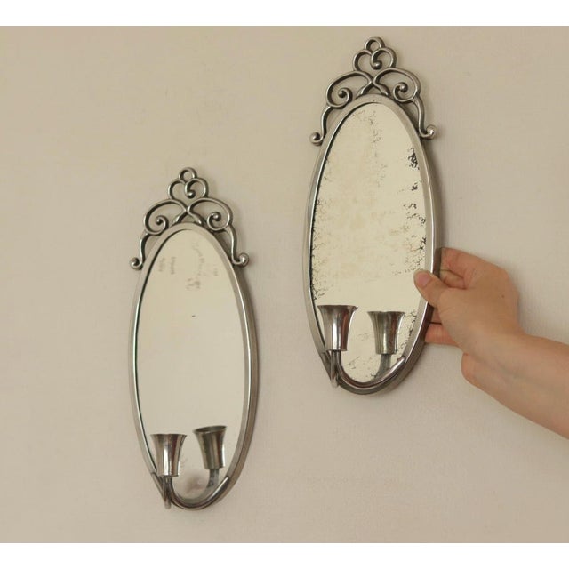 Mid-Century Swedish Pewter Sconces with Mirror by Svenskt - Tenn, Set of 2 For Sale - Image 12 of 13