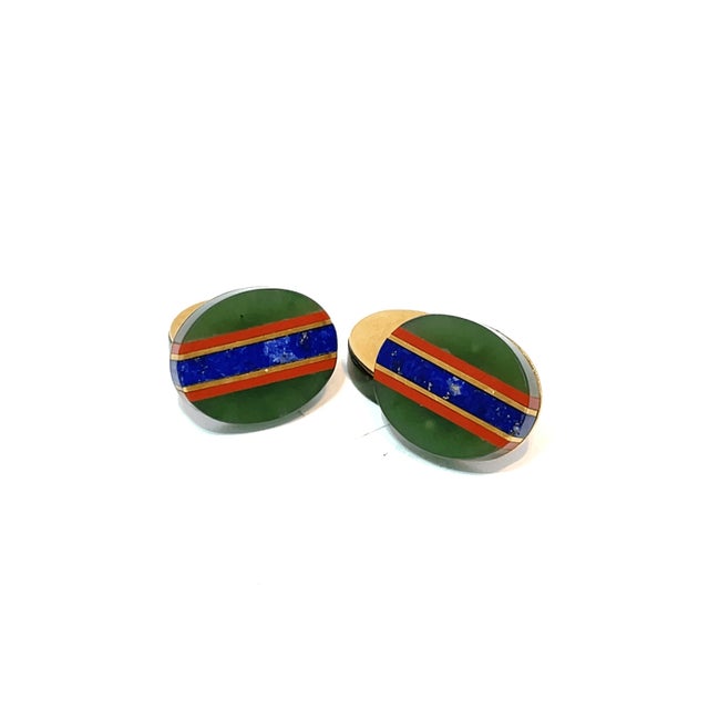 Gold Vintage Tiffany & Co. X Ralph Lauren 18k Gold Striped Inlaid Stone Cufflinks, A Pair For Sale - Image 8 of 10