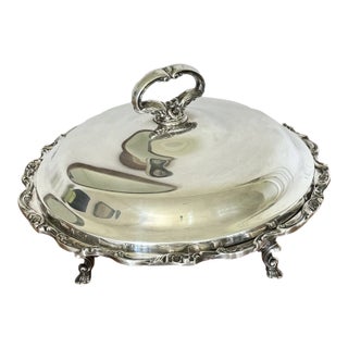 Vintage Ornate Silver Plate Footed Round Lidded Serving Bowl With Glass Liner For Sale