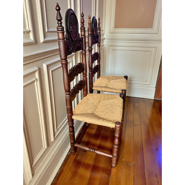 Pair Antique Victorian Carved Ladder Back Chairs-Rush Seat-Hall-19th C-Colonial For Sale - Image 12 of 12