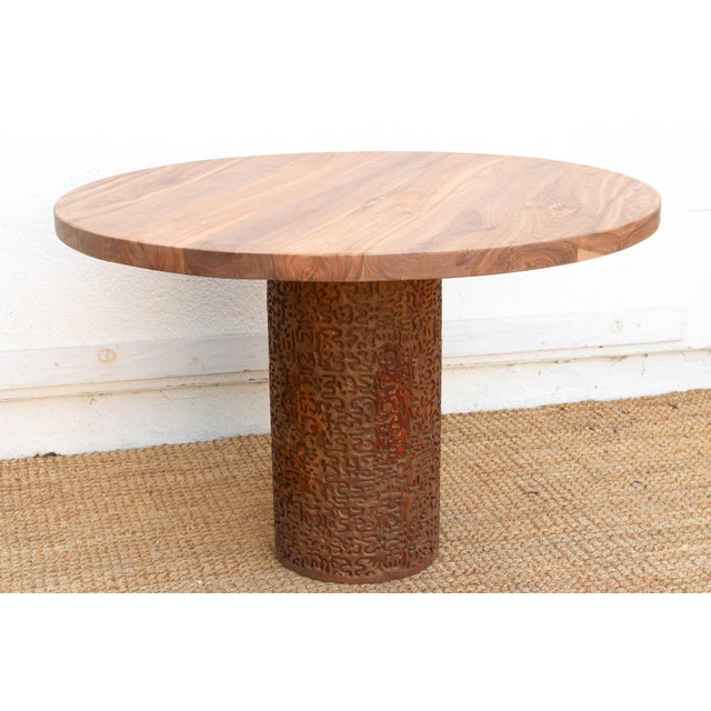 1990s Finely Carved Reclaimed Teak Round Pedestal Dining Table For Sale - Image 5 of 12