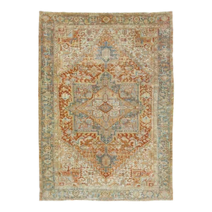Antique Persian Heriz Orange Wool Rug Featuring a Medallion Design