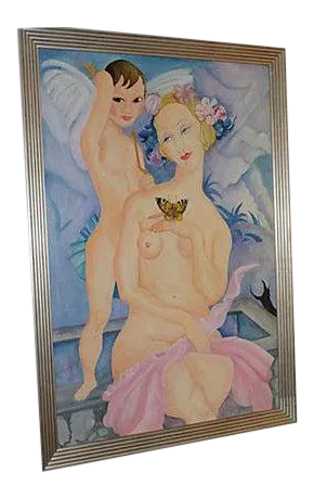 1970s Art Deco Style Figurative Oil Painting, Framed