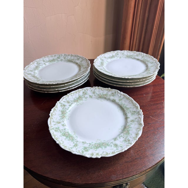 Late 19th Century Late 19th Century Elite Works Limoges France Porcelain Salad Plates (9) Green Floral Garland Scalloped Edge For Sale - Image 5 of 9