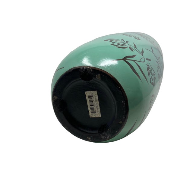 Late 20th Century Vintage Mint Green Large Hand Painted Floral Decor Vase For Sale - Image 4 of 7