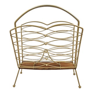 MCM Lacquered Brass & Teak Wood Magazine Lp Newspaper Rack Holder For Sale
