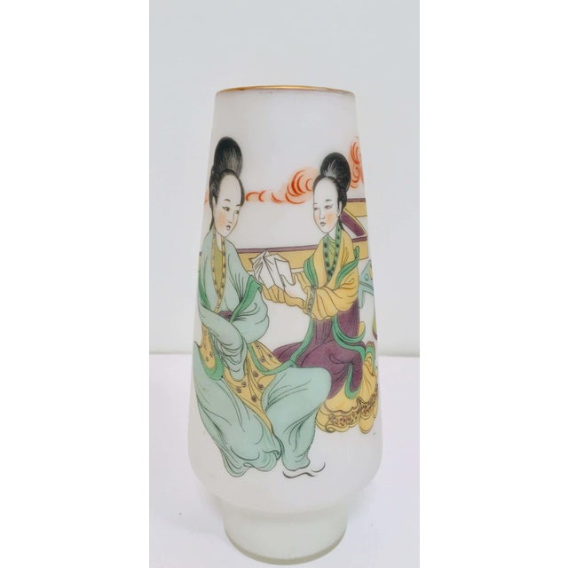 Midcentury Japanese gilded gold rim hand painted opaline glass snow white vase. The white milky frosted opaline glass vase...