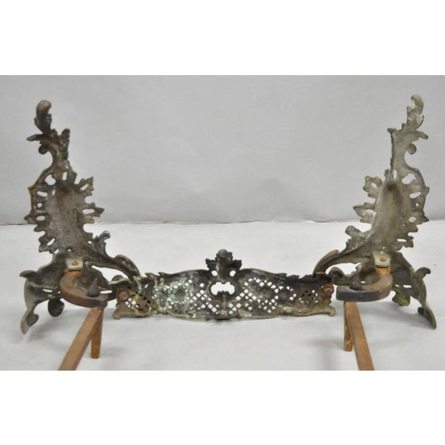 Gold Antique French Louis XV Patinated Brass Bronze Small Fireplace Andirons & Fender For Sale - Image 8 of 12