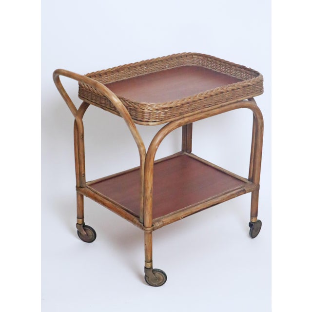 Boho Serving Trolley in Teak, Bamboo and Rattan, 1950s, in Good conditions. Designed 1950 to 1959