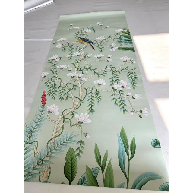 Paper Chinoiserie Tropical Hand-Painted Wallpaper Panels, Soft Grey-Green Background With Exotic Floral, Bird & Monkey Mural, Set of 6 For Sale - Image 7 of 7
