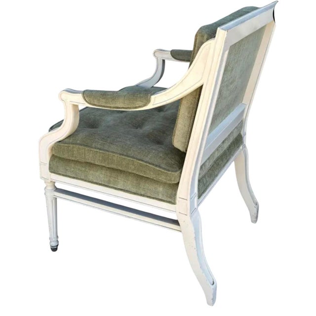 French Directoire Style Nancy Corzine White Painted Green Chenille Upholstered Arm Chair - 1 of 6 For Sale - Image 3 of 3