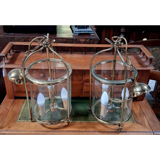 Hanging Lanterns in Polished Brass and Cylindrical Glass, 1950s, Set of 2 For Sale - Image 3 of 5