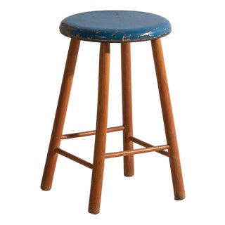 Antique Wooden Stool with Round Seat, Central Europe, 1950 For Sale