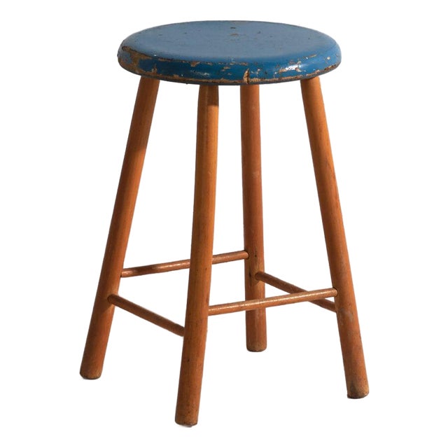 Antique Wooden Stool with Round Seat, Central Europe, 1950 For Sale