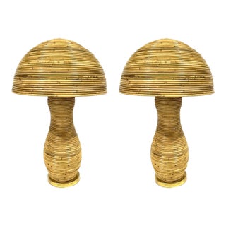 Italian Organic Modern Contemporary Brass & Rattan Mushroom Table/Floor Lamps For Sale
