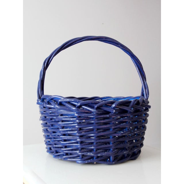 Wood Large Vintage Blue Wicker Basket With Handle For Sale - Image 7 of 13