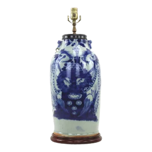Early 20th Century Chinese Celadon Blue and White Peony Phoenix Vase Table Lamp