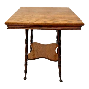 1910s Antique Victorian Table Bottom Shelf Oak Carved Legs Glass Ball Claw Feet