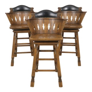 Weber Viking Oak Revolving Seat Bar Stool Chairs - Set of 3 For Sale