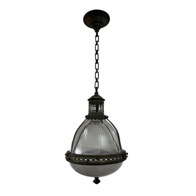 Holophane Vintage French Caged Holophane Glass Pendant Light, 1920s For Sale - Image 4 of 7