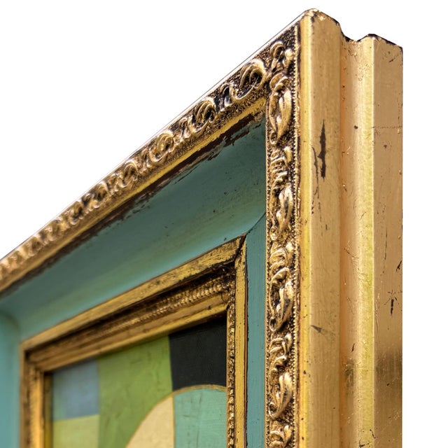 Mid-Century Modern Inspired Abstract Oil Painting in Vintage Blue Frame For Sale In New York - Image 6 of 6