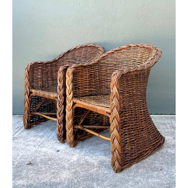 Coffee Vintage Woven Rattan Lounge Chairs - Pair For Sale - Image 8 of 12