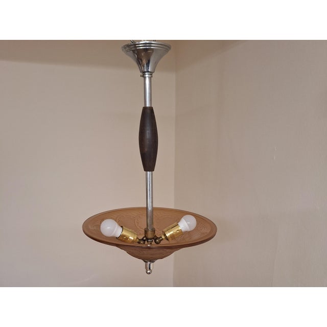 Vintage French Art Deco Pendant Lamp with Pink-Tinted Relief Glass Shade, 1920s For Sale - Image 4 of 7