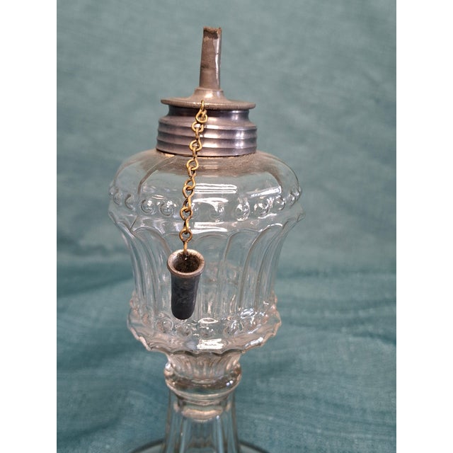 Matched Pair Antique 1830s-1850s Flint Glass Whale Oil Lamps Pewter Burner For Sale - Image 14 of 14