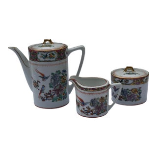 Vintage Zhongguo Zhi Zao Famille Rose Porcelain Coffee Service Set - Set of 3 For Sale