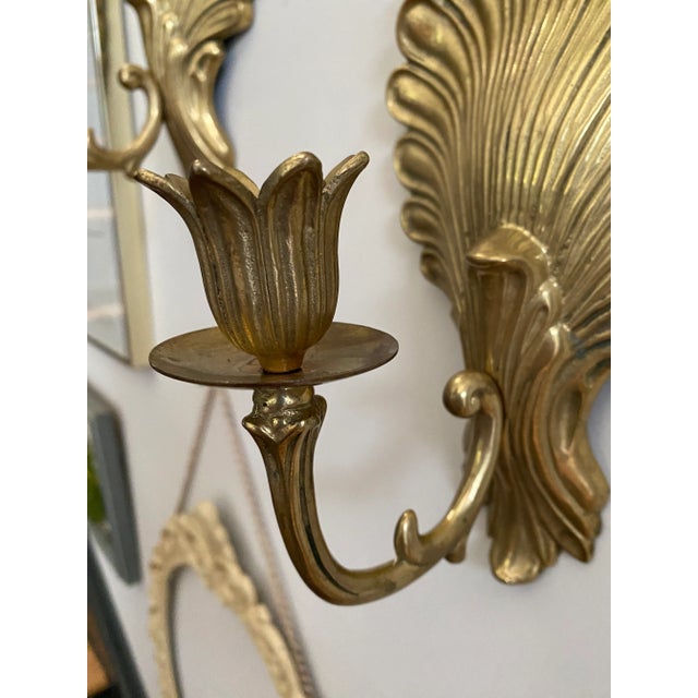 Vintage Art Deco Hollywood Regency Brass Shell & Tulip Wall Sconces- a Pair For Sale - Image 4 of 6