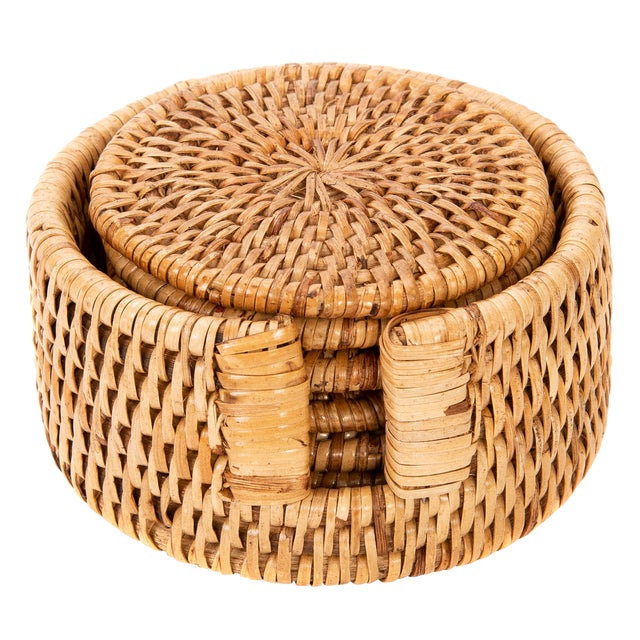 Artifacts Rattan 6-Piece Round Coaster Set With Box For Sale