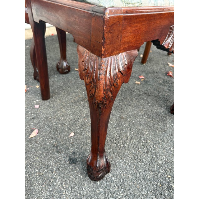 Antique Chippendale Carved Ball and Claw Foot Upholstered Dining Chairs- A Set of 6 For Sale - Image 4 of 12