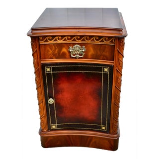 Vintage Carved Mahogany Chinese Cippendale Style Nightstand W/Leather Panel For Sale