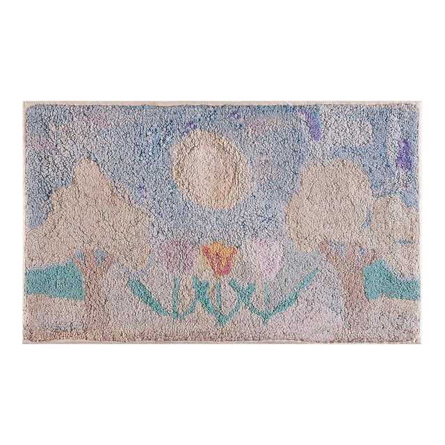 Splendid Sky-Blue Color With Unique Celestial Pattern Antique American Hooked Rug For Sale