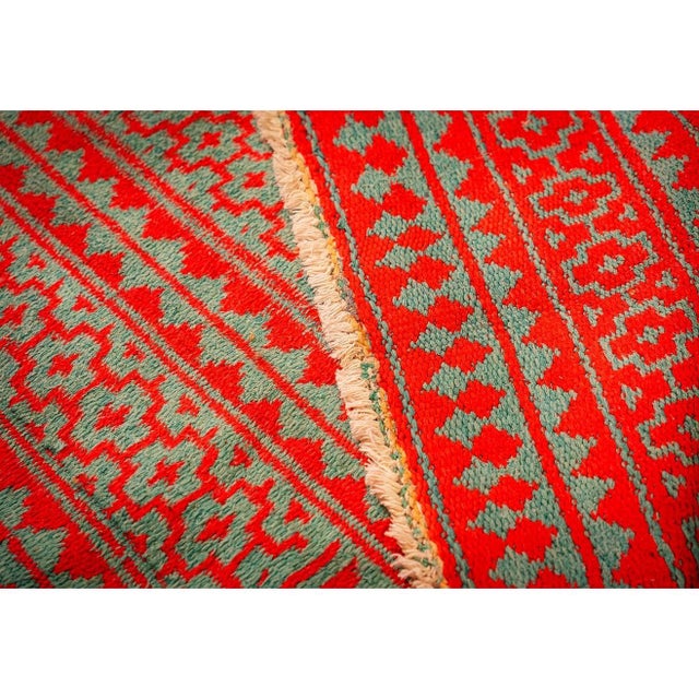 Green 1950s Small Green Red Modern Geometric Cotton Vintage Textile Knotted Ziloo Rug For Sale - Image 8 of 8