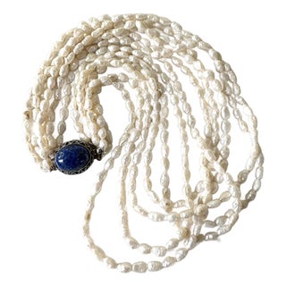 Multi Strand, Freshwater, Pearl Necklace With Lapis and Silver For Sale