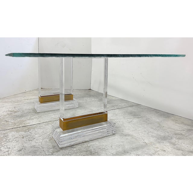 Metal Substantial Lucite and Brass Dining Table, Etched Glass Top For Sale - Image 7 of 9