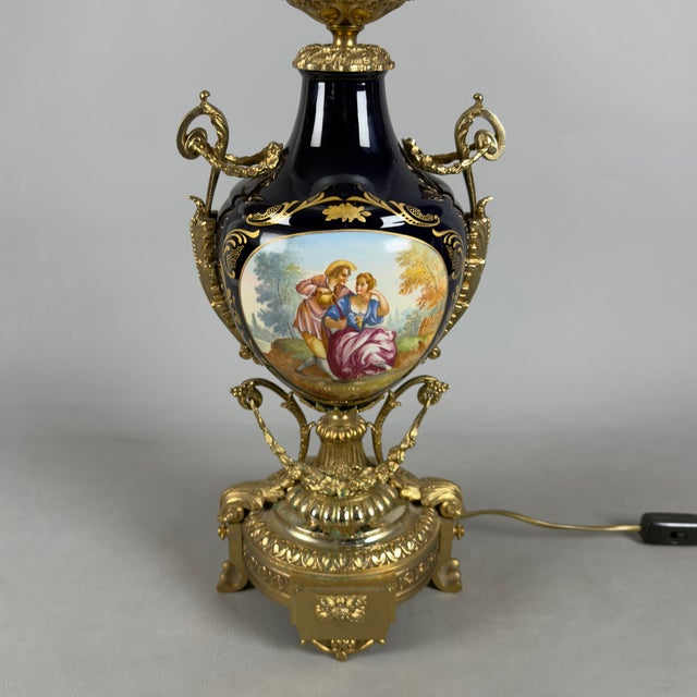 Gold Antique French Table Lamp in Porcelain, Brass and Satin Glass For Sale - Image 8 of 15