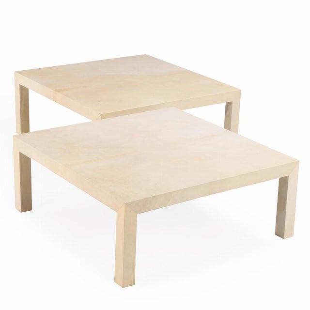 Samuel Marx A Large Pair of Parchment Covered Coffee or End Tables in the Manner of Samuel Marx. For Sale - Image 4 of 4