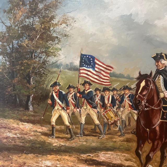 H.Rienmann American School Oil on Canvas Framed Signed Depicting George Washington Leading Pennsylvania State Regiment of Light Horse of 1778 For Sale In Washington DC - Image 6 of 12