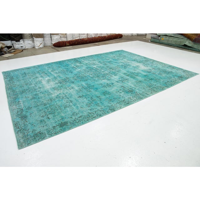 1930s Allove Designed Antique Wool Rug Overdyed in Turquoise Color For Sale - Image 5 of 10