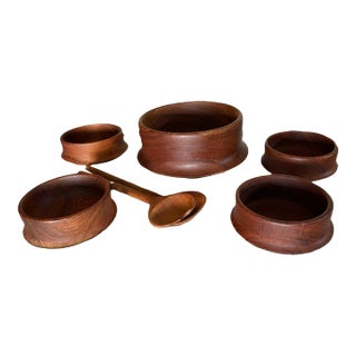 1960s MCM Scandinavian Style Wooden Salad Bowl Set**Cracks Noted/Decor Use Recommended** For Sale