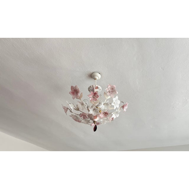 Vintage Murano Style Floral Chandelier – Romantic Pink & White Glass Bouquet Light For Sale - Image 17 of 17