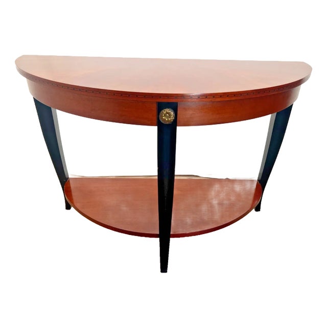 Vintage Ethan Allen Demilune Console Table Mahogany Top and Bottom Shelf For Sale