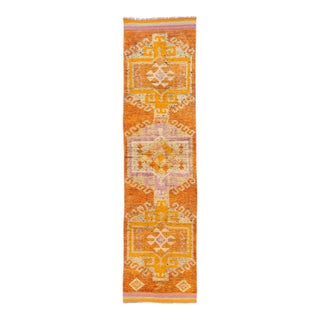 Orange Vintage Turkish Wool Runner With Tribal Geometry Design For Sale
