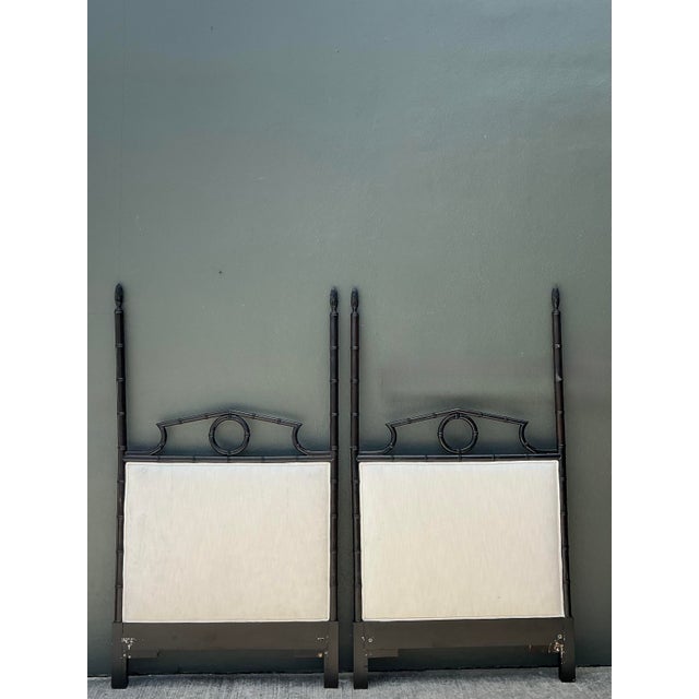 This striking pair of twin headboards epitomizes the elegance of Hollywood Regency design with a distinct Chinoiserie...