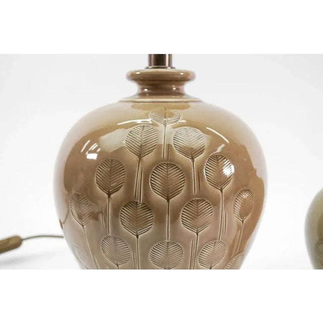 Metal Scandinavian Ceramic Table Lamps with Leaf Pattern, 1960s, Set of 2 For Sale - Image 7 of 11