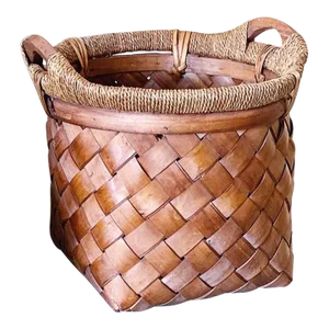 Vintage Woven Reed and Twine Wood Basket With Handles