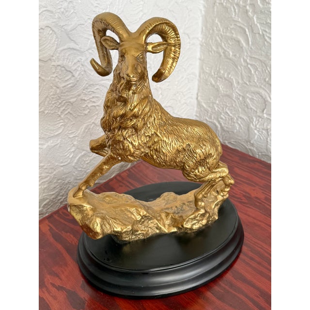 Wood Late 20th Century Solid Brass Ram Statue on Wood Base For Sale - Image 7 of 8