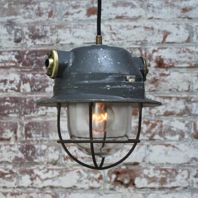Vintage Industrial Pendant Lamps in Gray Metal, Brass and Clear Glass from EMD, France For Sale - Image 4 of 5